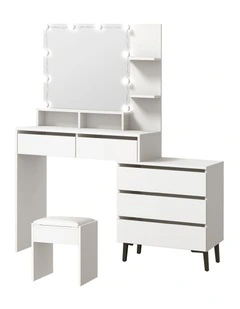 Oikiture Dressing Table Stool Set Makeup Mirror 10 LED Bulbs Cabinet White