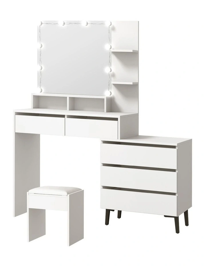 Oikiture Dressing Table Stool Set Makeup Mirror 10 LED Bulbs Cabinet White image 1