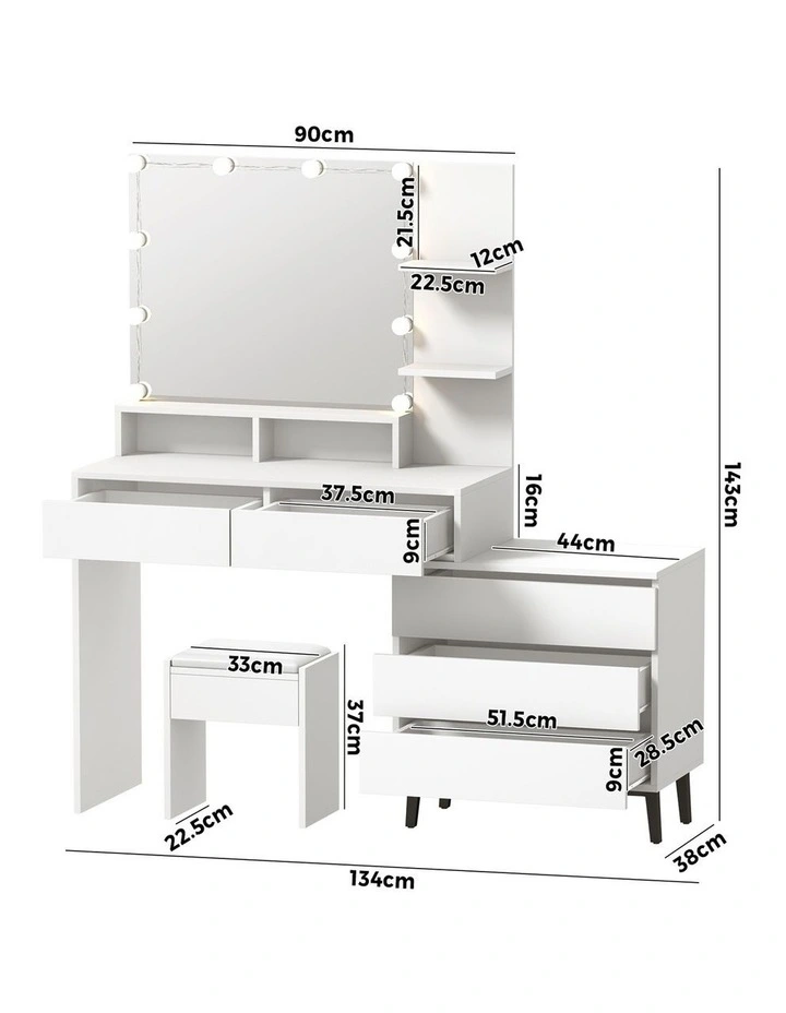 Oikiture Dressing Table Stool Set Makeup Mirror 10 LED Bulbs Cabinet White image 3