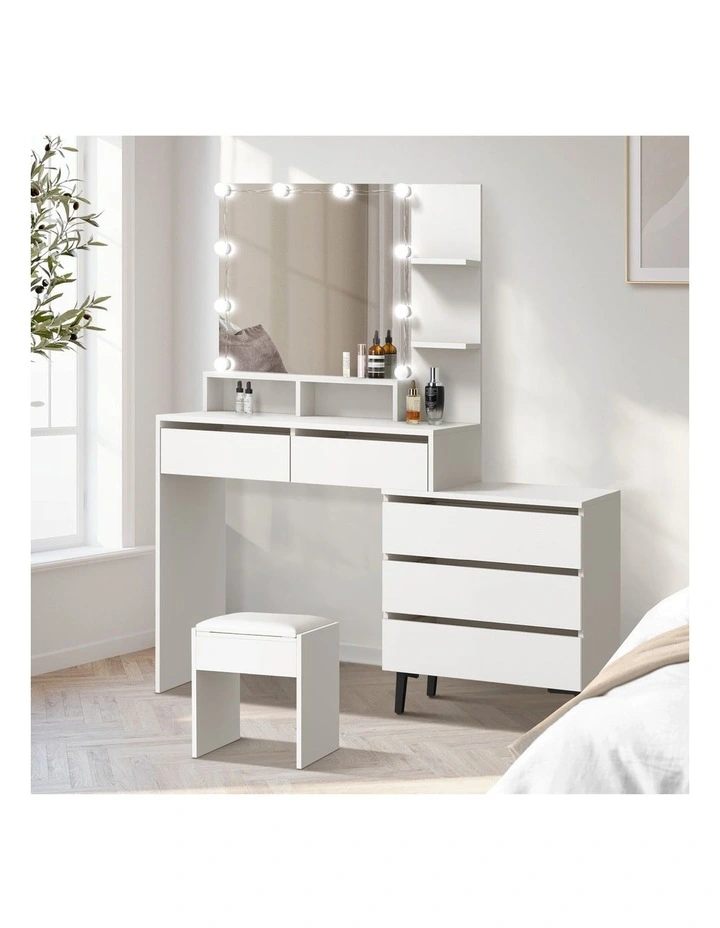 Oikiture Dressing Table Stool Set Makeup Mirror 10 LED Bulbs Cabinet White image 4