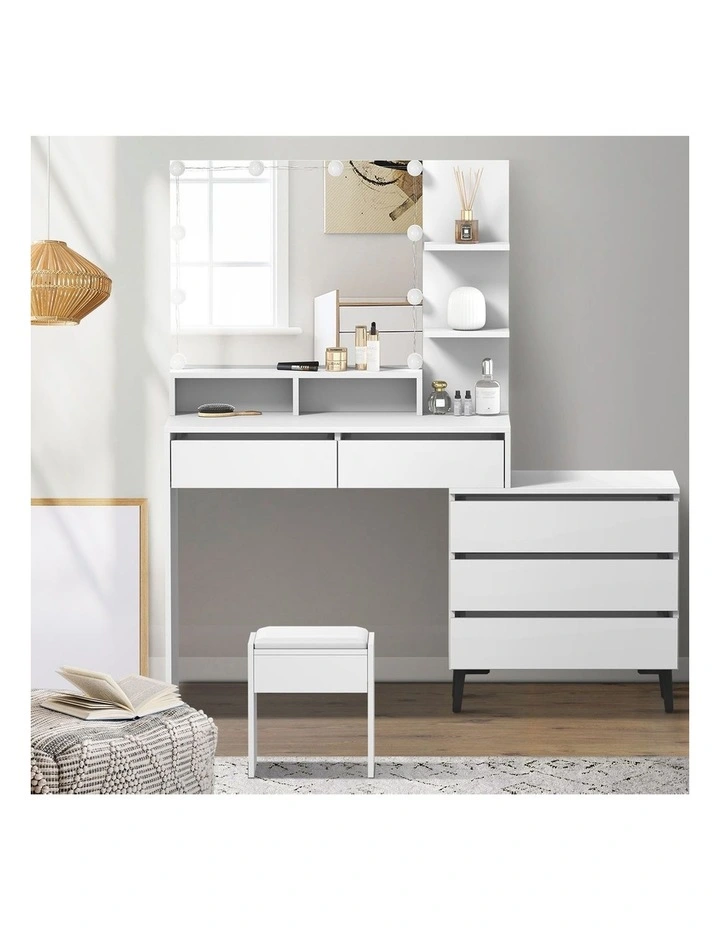 Oikiture Dressing Table Stool Set Makeup Mirror 10 LED Bulbs Cabinet White image 5