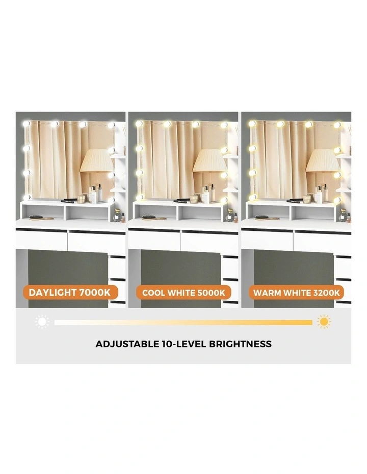 Oikiture Dressing Table Stool Set Makeup Mirror 10 LED Bulbs Cabinet White image 6