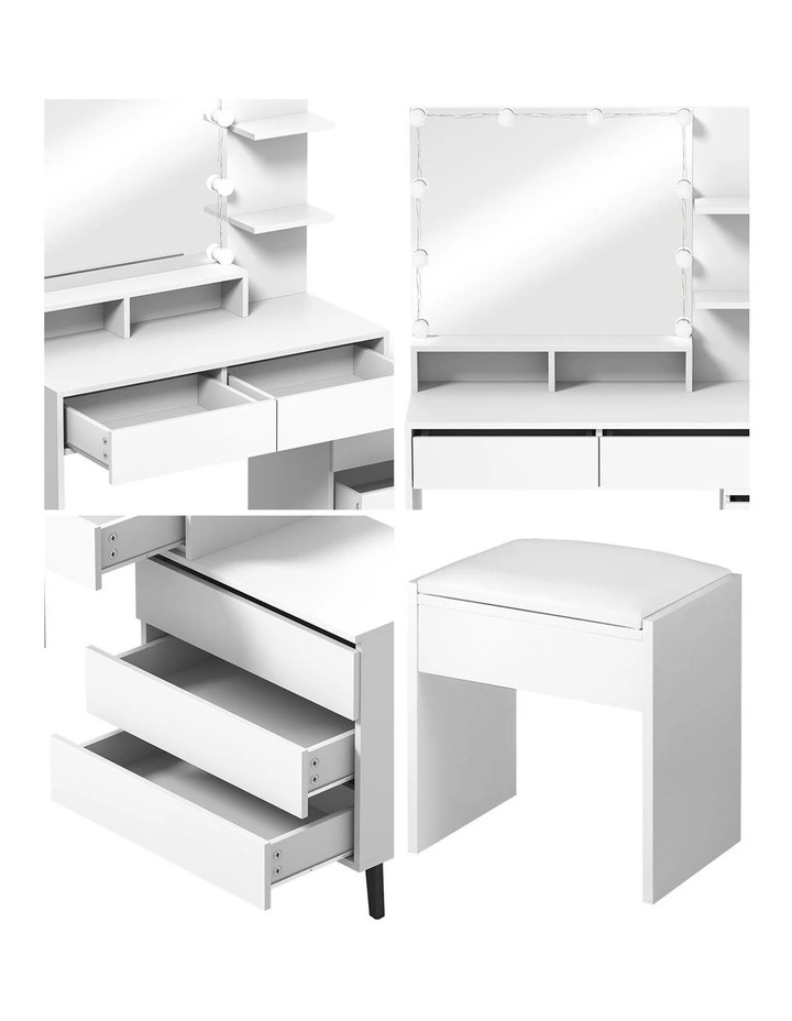 Oikiture Dressing Table Stool Set Makeup Mirror 10 LED Bulbs Cabinet White image 7