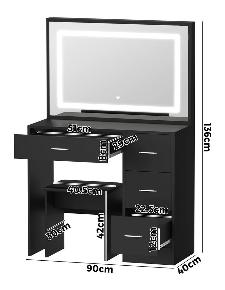 Oikiture Dressing Table Stool Set Large Makeup Mirror LED Light Vanity Black image 3