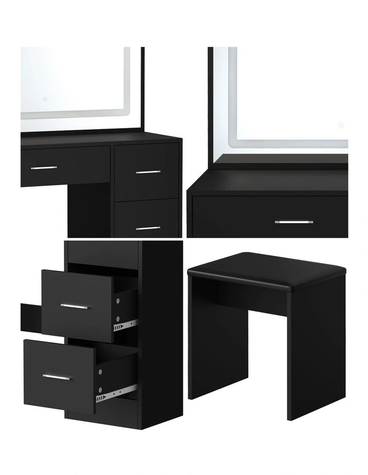 Oikiture Dressing Table Stool Set Large Makeup Mirror LED Light Vanity Black image 7