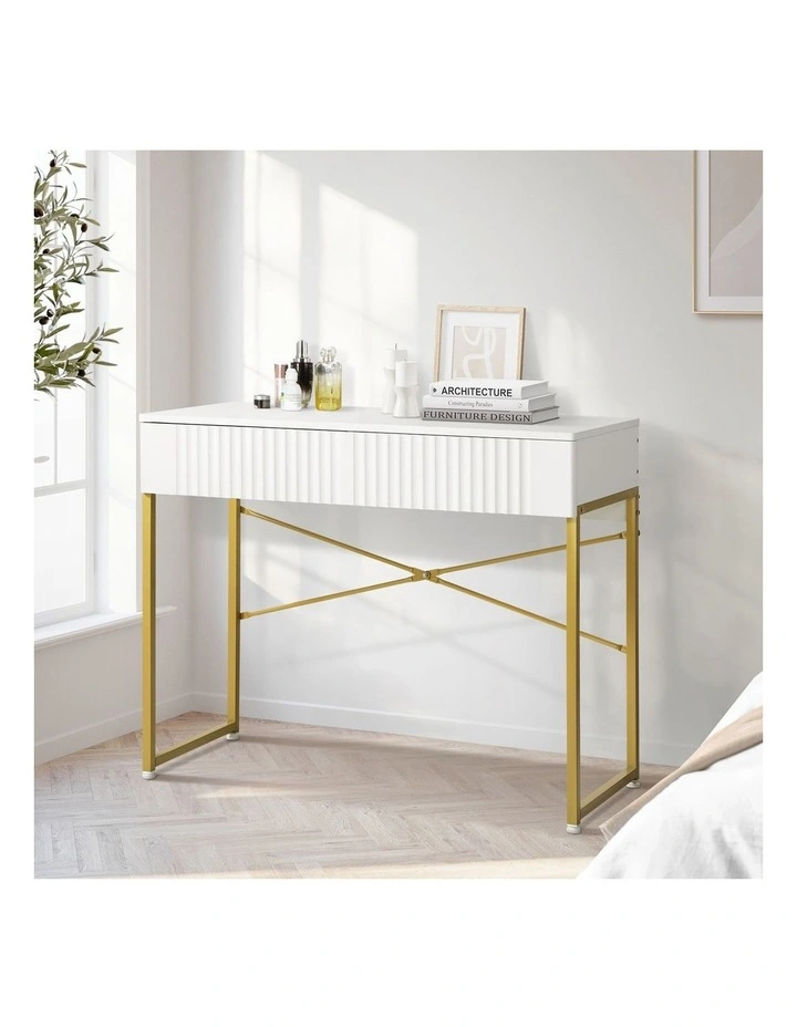 Oikiture Dressing Table Vanity Makeup Desk 2 Drawers White and Gold image 4