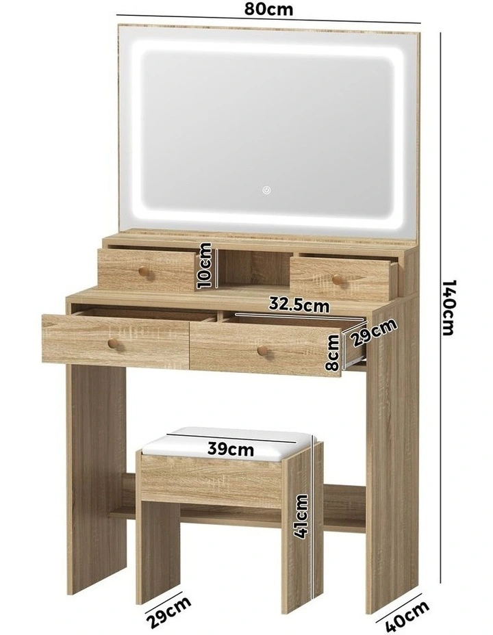 Oikiture Dressing Table Stool Set LED Mirror Vanity Desk with Drawers Natural image 3