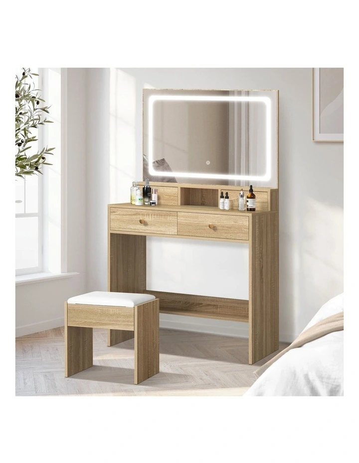 Oikiture Dressing Table Stool Set LED Mirror Vanity Desk with Drawers Natural image 4