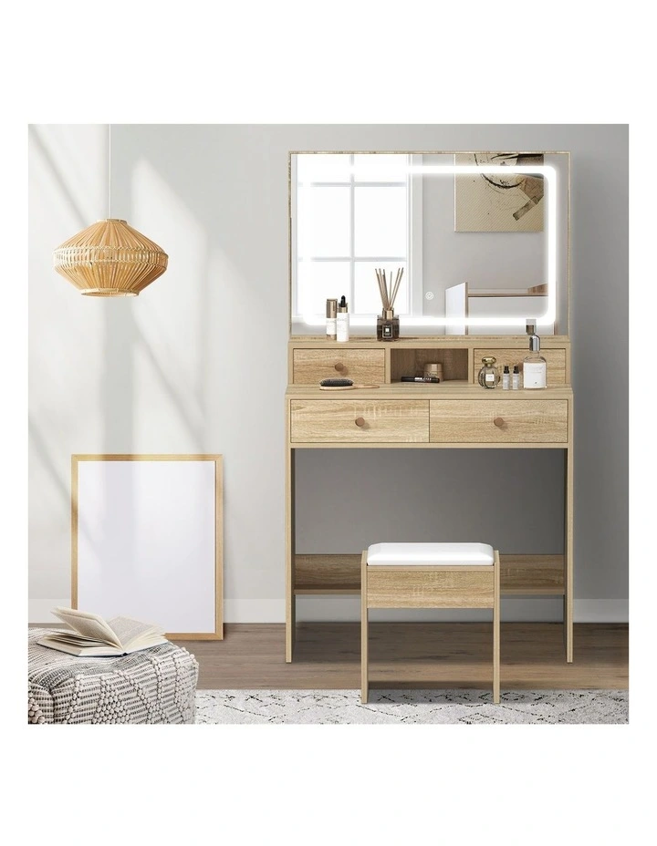 Oikiture Dressing Table Stool Set LED Mirror Vanity Desk with Drawers Natural image 5