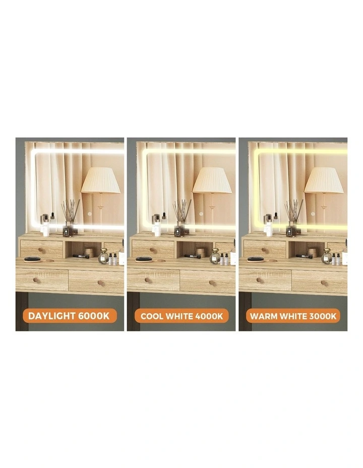 Oikiture Dressing Table Stool Set LED Mirror Vanity Desk with Drawers Natural image 6
