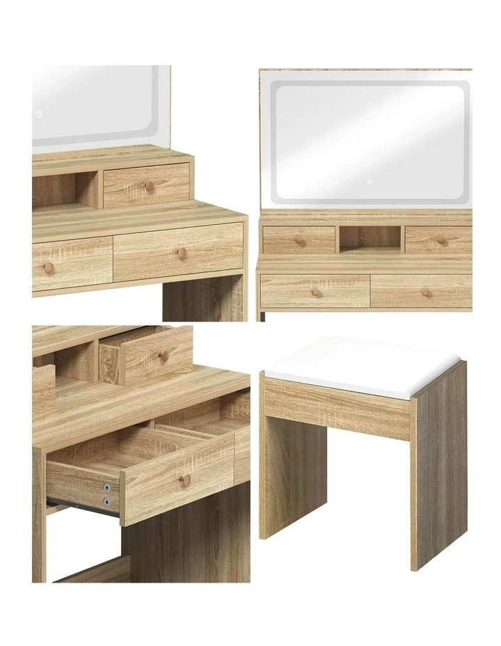 Oikiture Dressing Table Stool Set LED Mirror Vanity Desk with Drawers Natural image 7