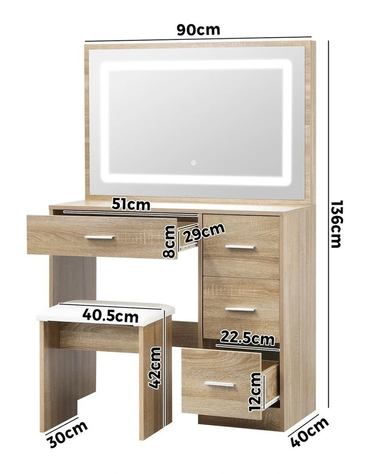 Oikiture Dressing Table Stool Set Large Makeup Mirror LED Light Vanity Natural image 3