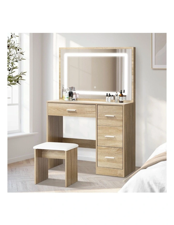 Oikiture Dressing Table Stool Set Large Makeup Mirror LED Light Vanity Natural image 4