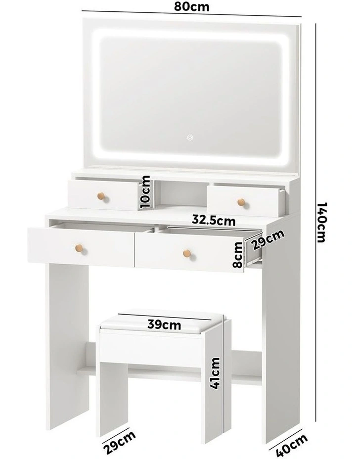Oikiture Dressing Table Stool Set LED Mirror Vanity Desk with Drawers White image 3