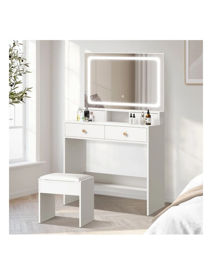 Oikiture Dressing Table Stool Set LED Mirror Vanity Desk with Drawers White image 4