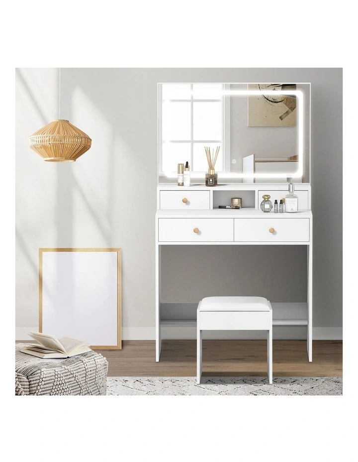 Oikiture Dressing Table Stool Set LED Mirror Vanity Desk with Drawers White image 5