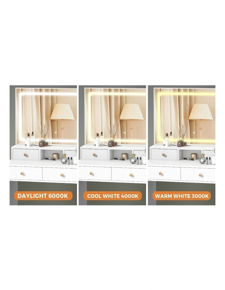 Oikiture Dressing Table Stool Set LED Mirror Vanity Desk with Drawers White image 6