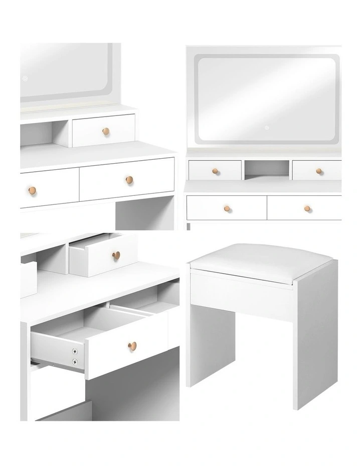 Oikiture Dressing Table Stool Set LED Mirror Vanity Desk with Drawers White image 7
