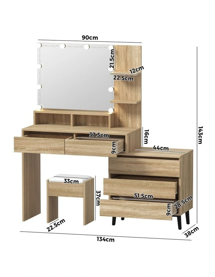 Oikiture Dressing Table Stool Set Makeup Mirror 10 LED Bulbs Cabinet Natural image 3