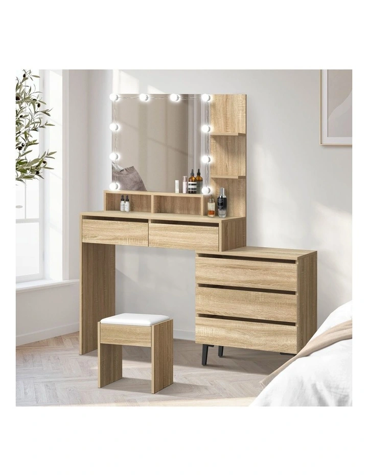 Oikiture Dressing Table Stool Set Makeup Mirror 10 LED Bulbs Cabinet Natural image 4