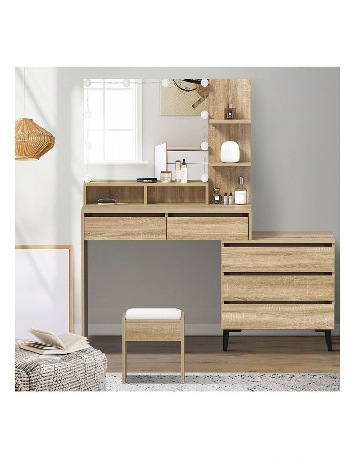 Oikiture Dressing Table Stool Set Makeup Mirror 10 LED Bulbs Cabinet Natural image 5