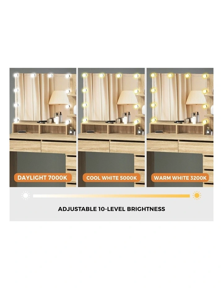 Oikiture Dressing Table Stool Set Makeup Mirror 10 LED Bulbs Cabinet Natural image 6