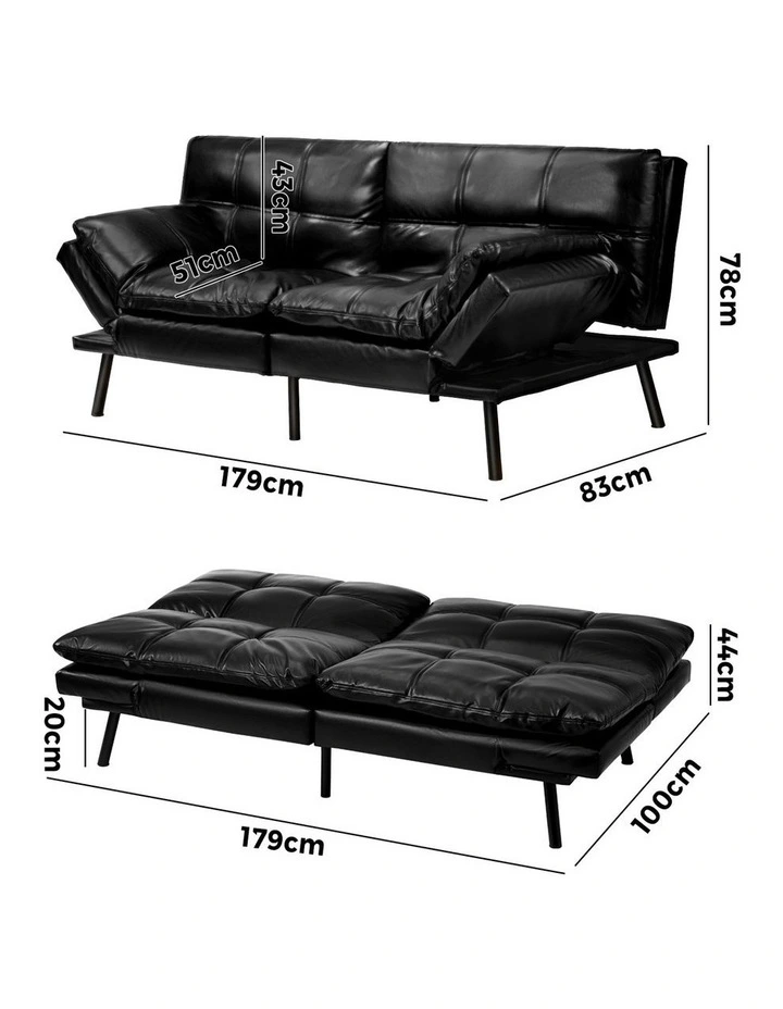 Oikiture Sofa Bed Futon Recliner Lounge Couch Convertible Leather 3-Seater Black image 3