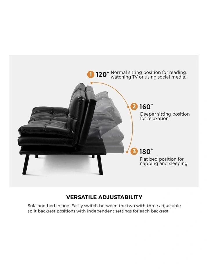 Oikiture Sofa Bed Futon Recliner Lounge Couch Convertible Leather 3-Seater Black image 6