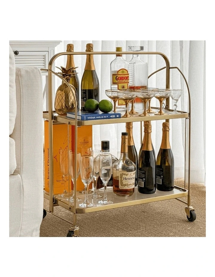 Gatsby Bar Cart Fluted Glass & Gold Metal Foldable Trolley image 6