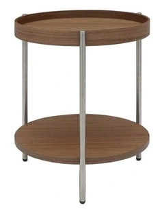 Cleo 40cm Round Side Table With Storage Shelf - Walnut and Stainless Steel