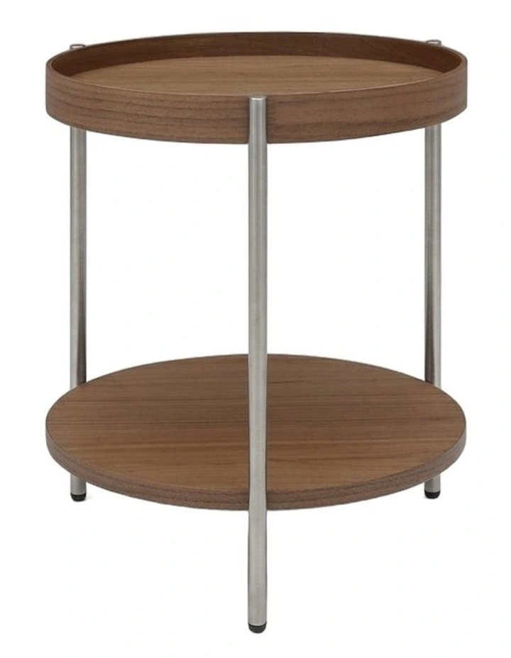 Cleo 40cm Round Side Table With Storage Shelf - Walnut and Stainless Steel image 1