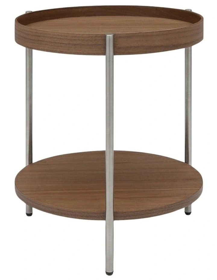 Cleo 40cm Round Side Table With Storage Shelf - Walnut and Stainless Steel image 2