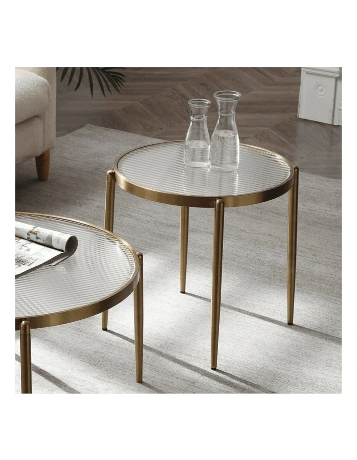 Gatsby Set of 2 48cm Round Side Tables Fluted Glass Gold Metal Bundle image 3
