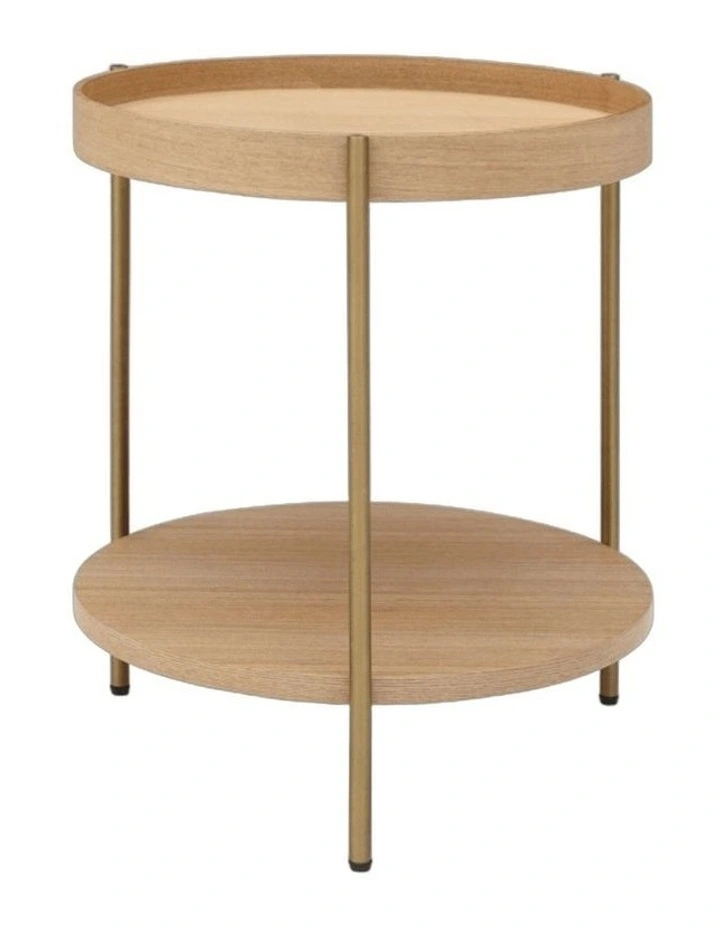 Cleo 40cm Round Side Table With Storage Shelf - Ash and Gold image 1
