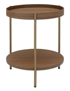 Cleo 40cm Round Side Table Gold Legs With Storage Shelf Walnut