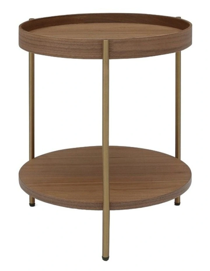 Cleo 40cm Round Side Table Gold Legs With Storage Shelf Walnut image 1