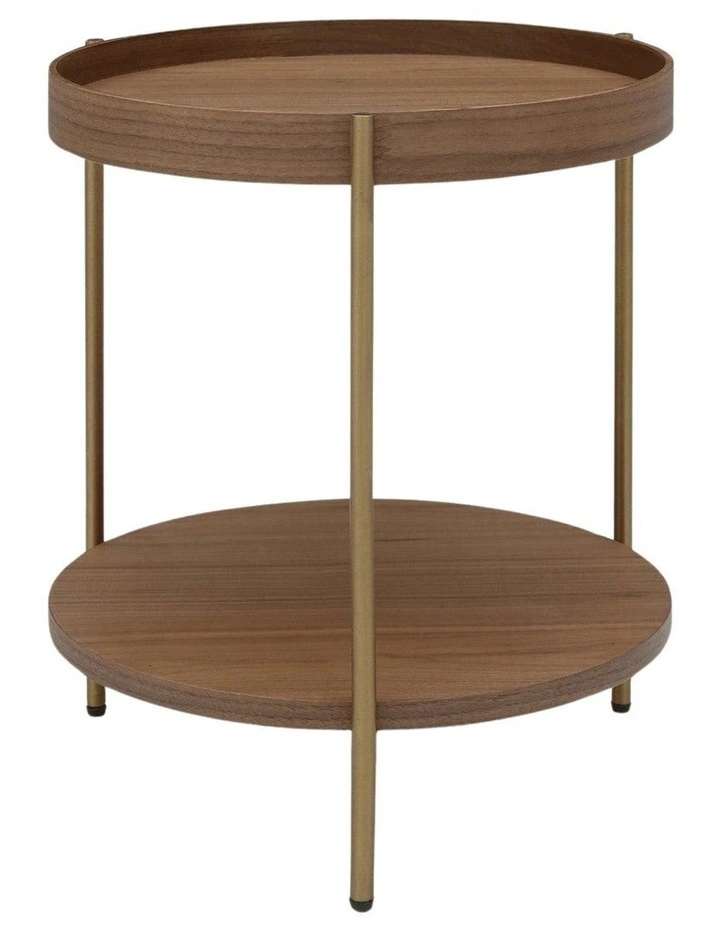 Cleo 40cm Round Side Table Gold Legs With Storage Shelf Walnut image 2