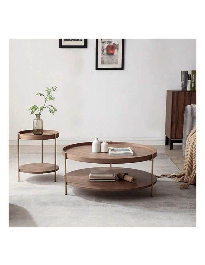 Cleo 40cm Round Side Table Gold Legs With Storage Shelf Walnut image 3