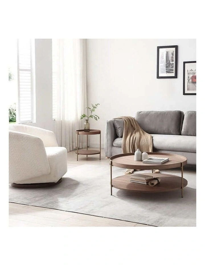 Cleo 40cm Round Side Table Gold Legs With Storage Shelf Walnut image 4