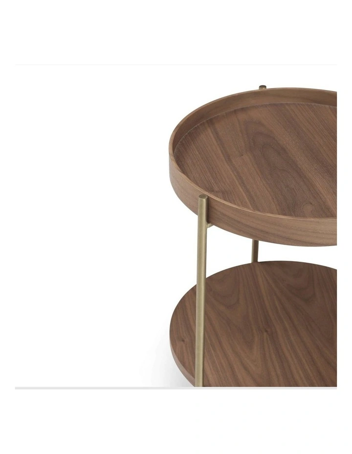 Cleo 40cm Round Side Table Gold Legs With Storage Shelf Walnut image 7