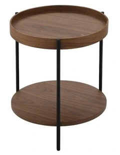 Cleo 40cm Round Side Table With Storage Shelf - Walnut and Black