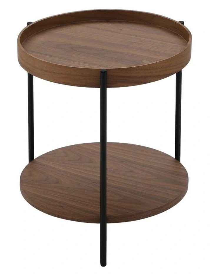 Cleo 40cm Round Side Table With Storage Shelf - Walnut and Black image 1