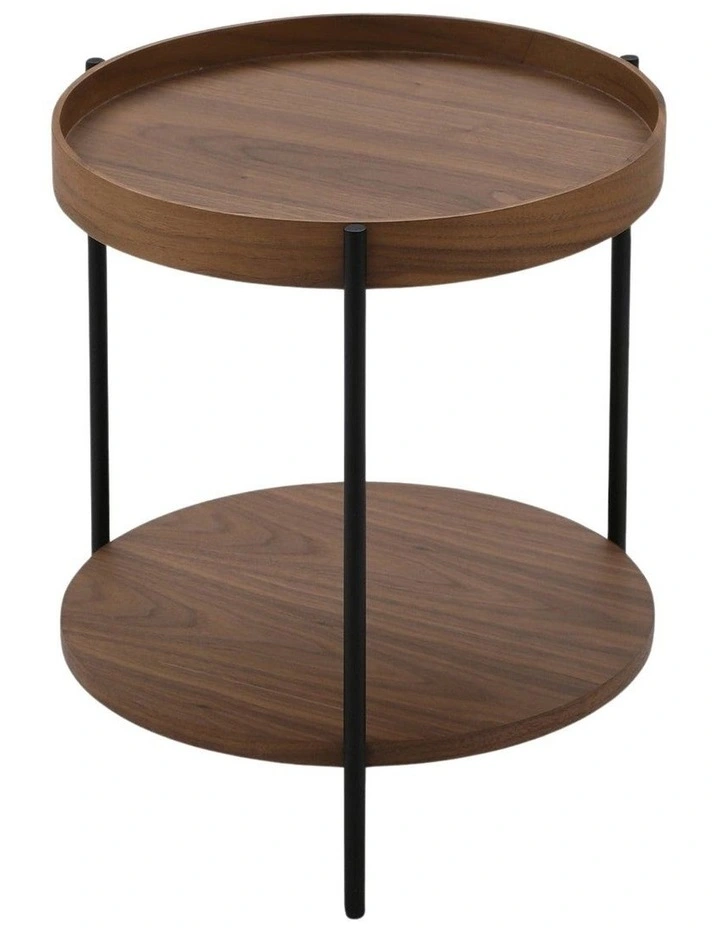Cleo 40cm Round Side Table With Storage Shelf - Walnut and Black image 2