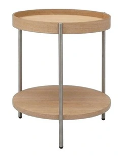 Cleo 40cm Round Side Table With Storage Shelf  Ash and Stainless Steel