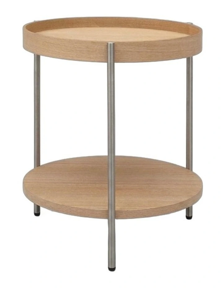 Cleo 40cm Round Side Table With Storage Shelf Ash and Stainless Steel image 1