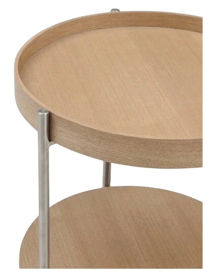 Cleo 40cm Round Side Table With Storage Shelf Ash and Stainless Steel image 2