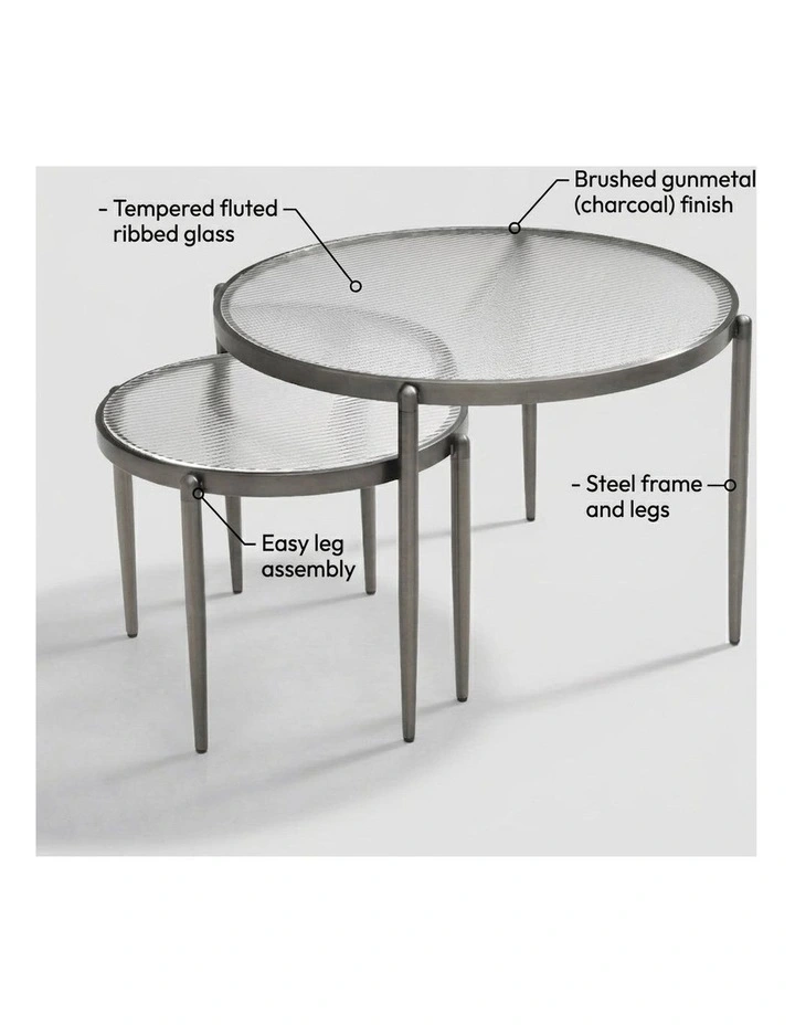 Gatsby Set of 2 Coffee & Side Tables Fluted Glass Gunmetal Bundle image 4