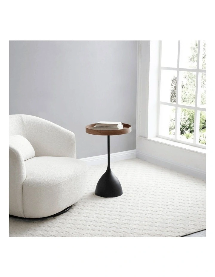 Harrison Round 40cm Side Table Walnut Tray Top & Metal Pedestal Black Base image 5