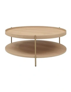 Cleo 90cm Round Coffee Table Ash With Storage Shelf Gold Legs