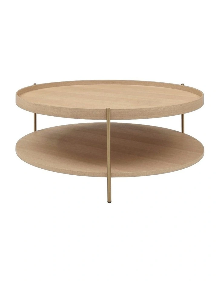 Cleo 90cm Round Coffee Table Ash With Storage Shelf Gold Legs image 1